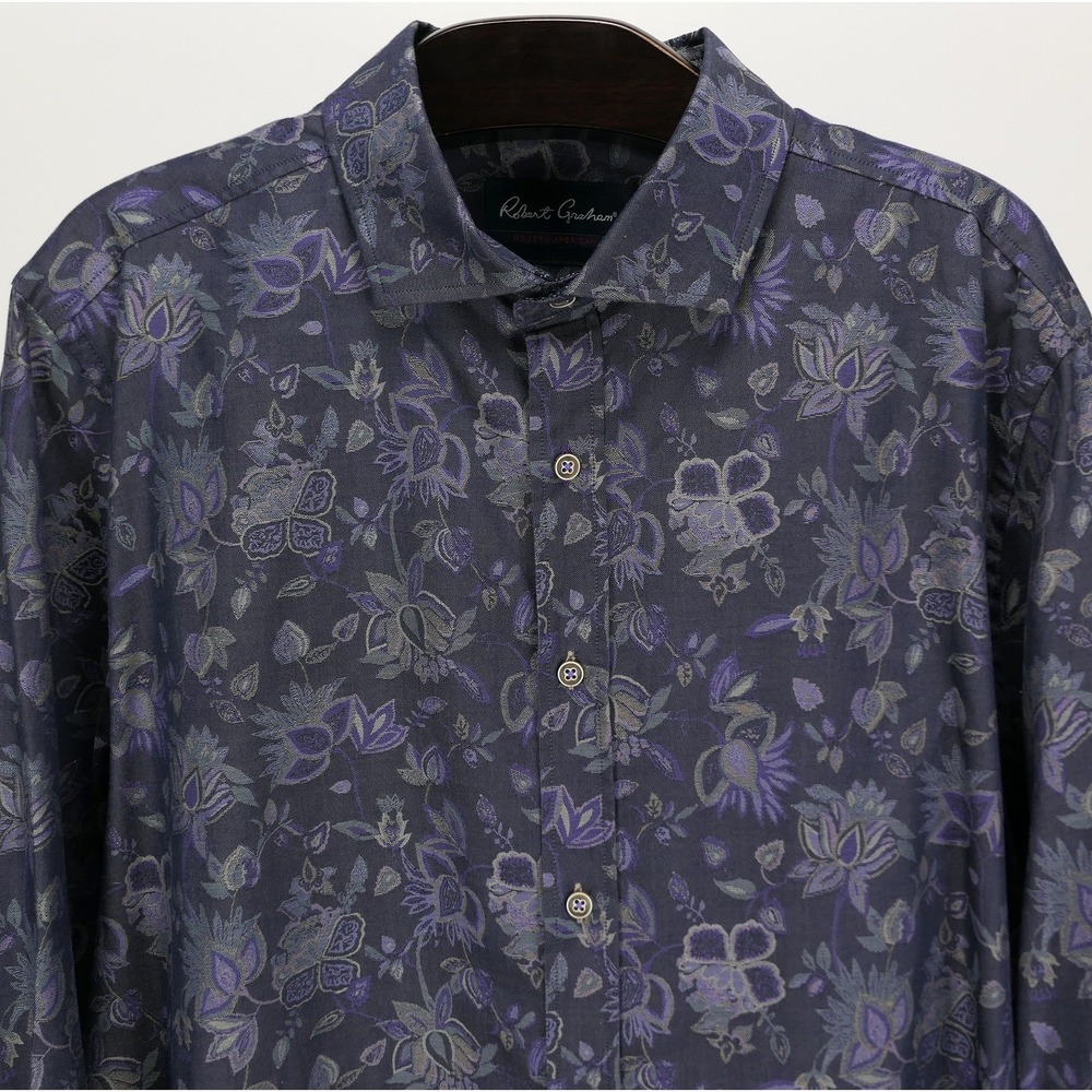 Robert Graham Button Down Mens 3XL Tailored Fit Floral Jacquard Purple Charcoal
